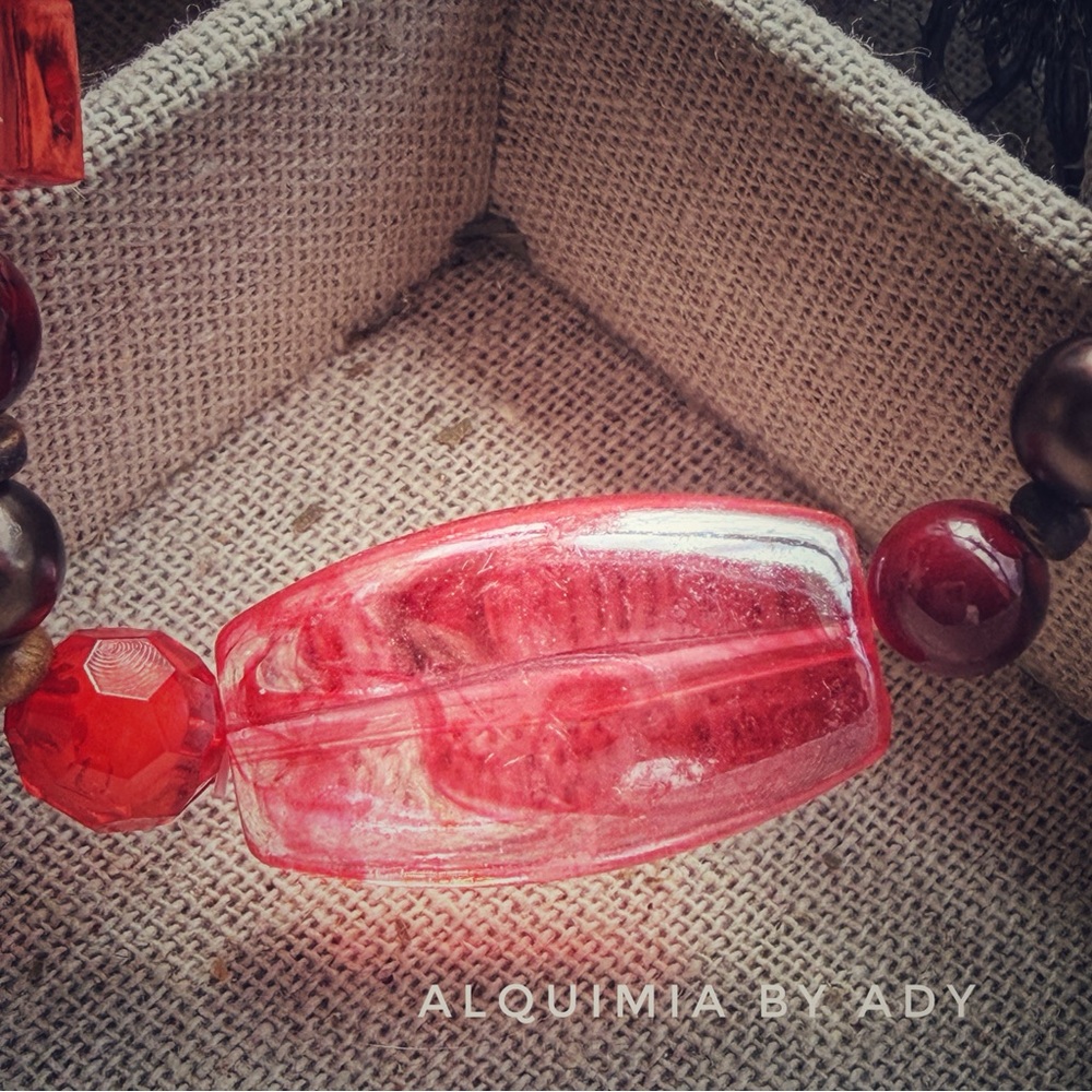 Cherry Acrylic Bracelet – Big Swirl Focal with 8 mm Red Turquoise, - Picture 3 of 4